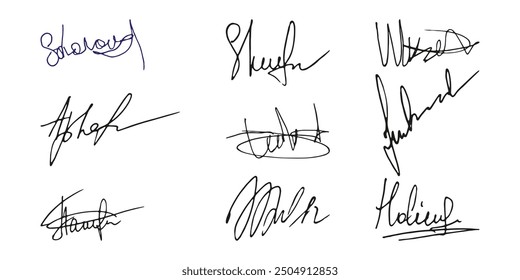 Fake signature hand drawn sample own autograph. Fictitious handwritten signature. Blue ink color. Scribble for sample contracts documents certificates or letters. Vector illustration.