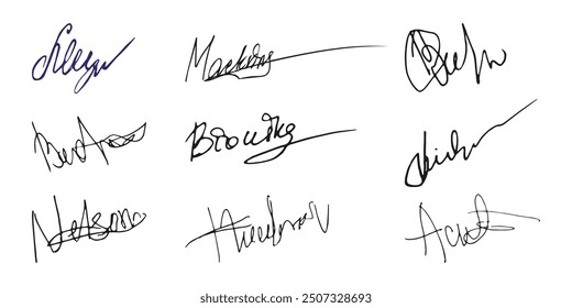 Fake signature hand drawn sample own autograph. Fictitious handwritten signature. Blue ink color. Scribble for sample contracts documents certificates or letters. Vector illustration.