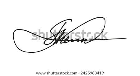 Fake signature hand drawn sample own autograph. Fictitious handwritten signature. Black ink. Scribble for sample contracts documents certificates or letters. Vector illustration.