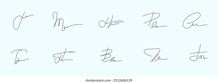 Gefälschte Unterschriften. Autogramm vorgetäuscht. Kalligraphie mit persönlicher Unterschrift. Signatur bereitgestellt. Verschiedene Autogramme für Dokumente. Freihandautograph	