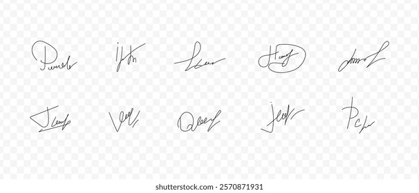 Fake signatures. Fake autograph. Personal signature calligraphy. Contrived signature. Various autographs for documents. Ink autograph	
