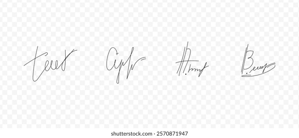 Fake signatures. Fake autograph. Personal signature calligraphy. Contrived signature. Various autographs for documents. Ink autograph