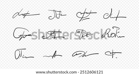 Fake signatures. Fake autograph. Personal signature calligraphy. Contrived signature. Various autographs for documents. Ink autograph	
