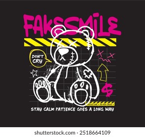 fake smile slogan with bear doll spray painted vector illustration. Graphics suitable for print design, apparel, streetwear, hoodies, and more