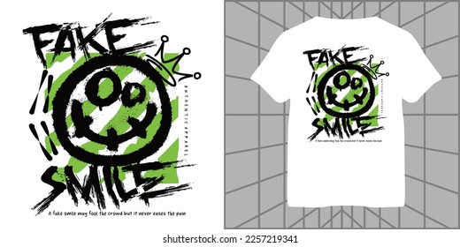 fake smile typography slogan with graffiti smile icon urban design style vector illustration for t shirt design, streetwear, hoodie, etc.