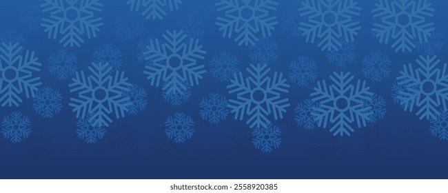 Fake snowflakes on dark blue gradient background. Abstract winter ice magic scene. Christmas sky or snowstorm landscape wallpaper. Cold atmosphere, Horizontal backdrop for cover vector illustration.