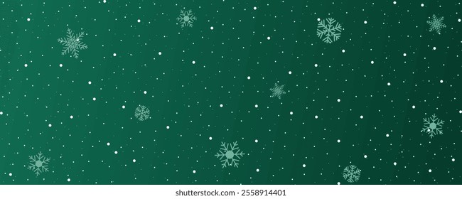 Fake snowflakes on dark green gradient background. Abstract winter ice magic scene. Christmas sky or snowstorm landscape wallpaper. Cold atmosphere. Horizontal drop for cover illustration.