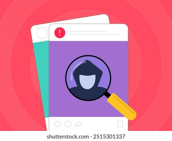 Fake social media accounts and profiles used for phishing and scams. Online fraud, impersonation and deception risks. Social media scam detection, security threats and fake users vector illustration