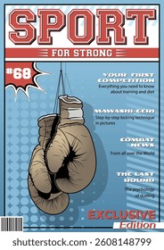 Fake Sport Magazine Cover, Sport for Strong Edition, Retro Boxing Gloves, Headlines and Title, Places for Photos