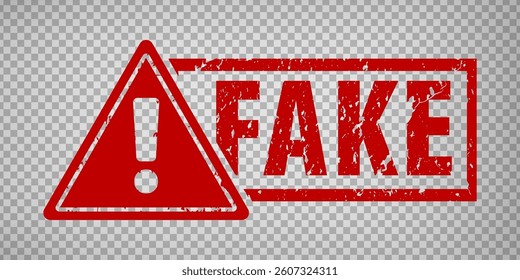 Fake stamp design  with Red triangle with  exclamation mark on transparent background.  Grunge rubber stamp with word Fake in red. Flat design.  EPS10.