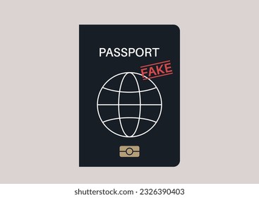 Fake stamp on a passport cover, documents forgery, international crime