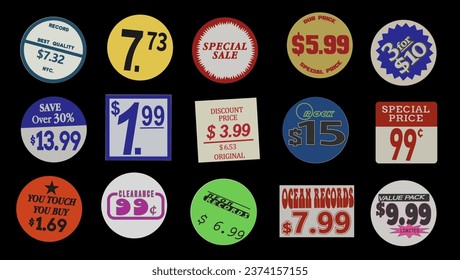 Fake vintage price stickers collection. old price tag design overlay