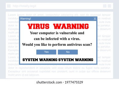 Fake virus warning - malware banner. Fake internet advertising pop up window.
