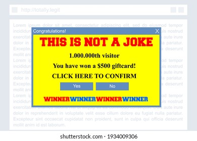 Fake Winner Pop Up Window. Malicious Online Advertising Popup Banner.