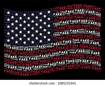 Fake word items are arranged into waving United States flag stylization on a dark background. Vector concept of USA state flag is combined from fake word items.