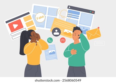 Fake and wrong news, online social media misinformation, hoax and panic of people. Tiny sad people with overload of misleading facts in video and false newspaper headlines cartoon vector illustration