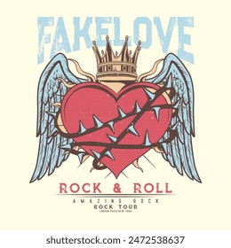 Fakelove Heart and thorn crown Eagle wing vector Love rock tour artwork.Heart rock and roll vector design for t-shirt. Music poster.  Freedom music tour,Free spirit vintage artwork,America eagle rock