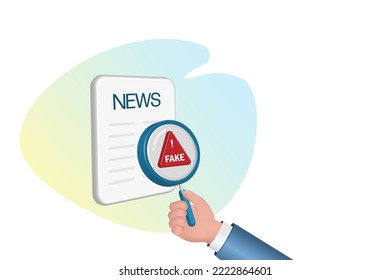 Fakes news online social media content or publication concept. Hand holding magnifying glass represent fake news in result. 3D realistic vector.