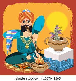 A fakir, a magician, a sorcerer, a snake charmer sits on an oriental carpet and plays the flute. Nearby is a vessel with poisonous cobras and a second vessel with burning fire. Vector illustration