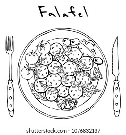 Falafel, Arugula Herb Leaves, Lemon, Tomato on Plate, Fork, Knife. Middle Eastern. Arabic Israel Vegetarian Healthy Fast Food. Jewish Street. Realistic Hand Drawn Illustration. Savoyar Doodle Style.