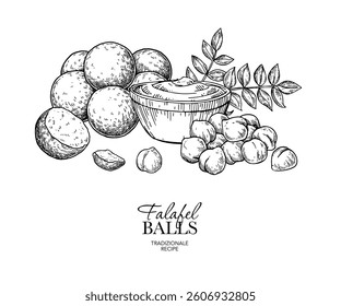 Falafel balls, chickpeas with tahini sauce vector drawing. Fried chickpea balls pieces sketch. Arabic halal food illustration. Vegetarian fast food. Hand drawn elements for menu and package design.