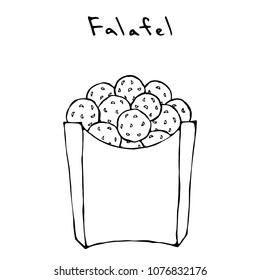 Falafel in a Box. Middle Eastern. Arabic Israel Vegetarian Healthy Fast Food. Jewish Street. Realistic Hand Drawn Illustration. Savoyar Doodle Style.