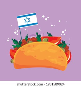 Falafel cartoon with Israeli flag. Pita, traditional Jewish food. Vegetarian falafel with vegetables isolated fun