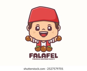 Projeto de mascote de desenhos animados Falafel. Modelo de logotipo alimentar do Oriente Médio. ilustração vetorial em estilo de contorno.