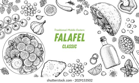 Falafel Kochen und Zutaten für Falafel, Skizzengrafik. Mittlere östliche Küche. Straßenküche, Design-Elemente. Handgezeichnet, Menü- und Paketdesign. Veganisches Essen