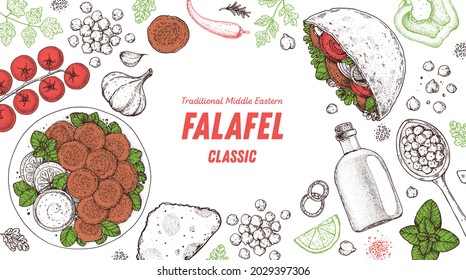 Falafel cooking and ingredients for falafel, sketch illustration. Middle eastern cuisine frame. Street food, design elements. Hand drawn, menu and package design. Vegan food