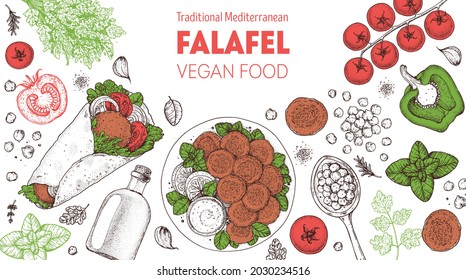 Falafel cooking and ingredients for falafel, sketch illustration. Middle eastern cuisine frame. Street food, design elements. Hand drawn, menu and package design. Vegan food