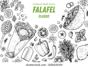 Falafel cooking and ingredients for falafel, sketch illustration. Middle eastern cuisine frame. Street food, design elements. Hand drawn, menu and package design. Vegan food