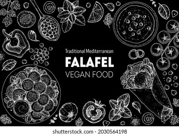 Falafel cooking and ingredients for falafel, sketch illustration. Middle eastern cuisine frame. Street food, design elements. Hand drawn, menu and package design. Vegan food