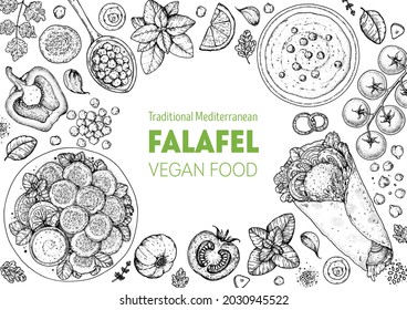 Falafel cooking and ingredients for falafel, sketch illustration. Middle eastern cuisine frame. Street food, design elements. Hand drawn, menu and package design. Vegan food