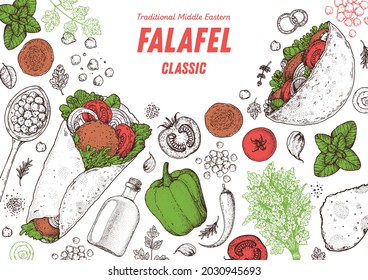 Falafel cooking and ingredients for falafel, sketch illustration. Middle eastern cuisine frame. Street food, design elements. Hand drawn, menu and package design. Vegan food