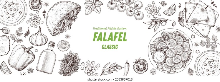 Falafel cooking and ingredients for falafel, sketch illustration. Middle eastern cuisine frame. Street food, design elements. Hand drawn, menu and package design. Vegan food