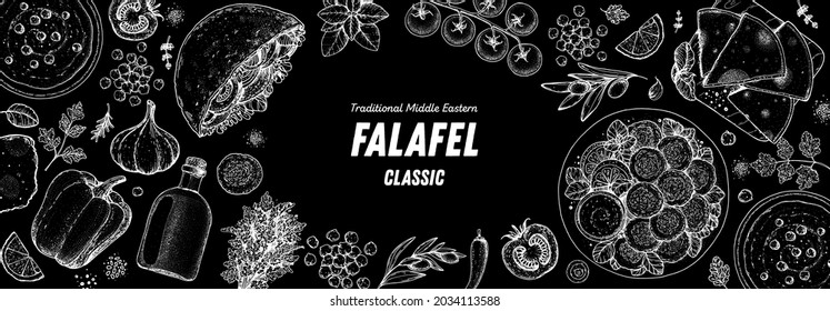 Falafel cooking and ingredients for falafel, sketch illustration. Middle eastern cuisine frame. Street food, design elements. Hand drawn, menu and package design. Vegan food