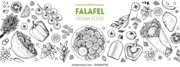 Falafel cooking and ingredients for falafel, sketch illustration. Middle eastern cuisine frame. Street food, design elements. Hand drawn, menu and package design. Vegan food