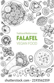 Falafel cooking and ingredients for falafel, sketch illustration. Middle eastern cuisine frame. Street food, design elements. Hand drawn, menu and package design. Vegan food