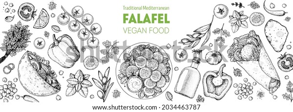 Falafel cooking and
ingredients for falafel, sketch illustration. Middle eastern
cuisine frame. Street food, design elements. Hand drawn, menu and
package design. Vegan
food