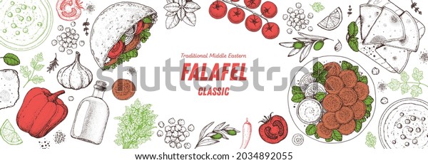 Falafel cooking and\
ingredients for falafel, sketch illustration. Middle eastern\
cuisine frame. Street food, design elements. Hand drawn, menu and\
package design. Vegan\
food