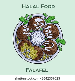 Falafel: Um delicioso prato do Oriente Médio feito de bolas de grão de bico fritas e temperadas, muitas vezes servido em pão pita com legumes e molho tahini. Culinária halal