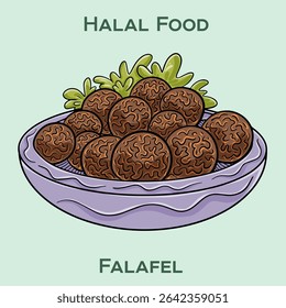 Falafel: Um delicioso prato do Oriente Médio feito de bolas de grão de bico fritas e temperadas, muitas vezes servido em pão pita com legumes e molho tahini. Culinária halal