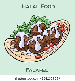 Falafel: Um delicioso prato do Oriente Médio feito de bolas de grão de bico fritas e temperadas, muitas vezes servido em pão pita com legumes e molho tahini. Culinária halal