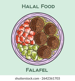 Falafel: Um delicioso prato do Oriente Médio feito de bolas de grão de bico fritas e temperadas, muitas vezes servido em pão pita com legumes e molho tahini. Culinária halal