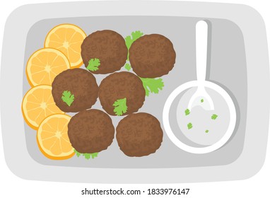 Falafel with Dip Sauce on Platter Concept, deepfried ball Vector Icon National Dish of Egypt Sign, Middle Eastern Traditional cuisine Symbol on White Background, Gourmet food cooking & restaurant menu