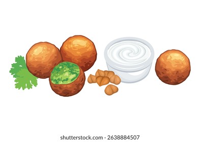 Falafel and dipping sauce icon set vector. Chickpea falafel balls, yogurt sauce and parsley icons isolated on a white background. Middle eastern deep fried chickpea balls illustration