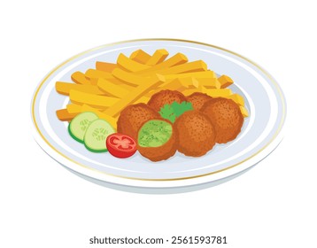 Falafel and french fries on a plate vector illustration. Falafel and french fries icon vector isolated on a white background. Middle eastern deep fried chickpea balls drawing