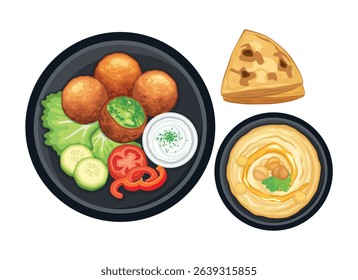 Falafel, hummus, pita bread and and garnish top view vector illustration. Falafel and hummus icon set isolated on a white background. Deep fried chickpea balls on a plate drawing