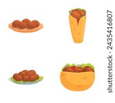 Falafel icons set cartoon vector. Fresh falafel full of meat and fresh vegetable. Jewish, arabic cuisine